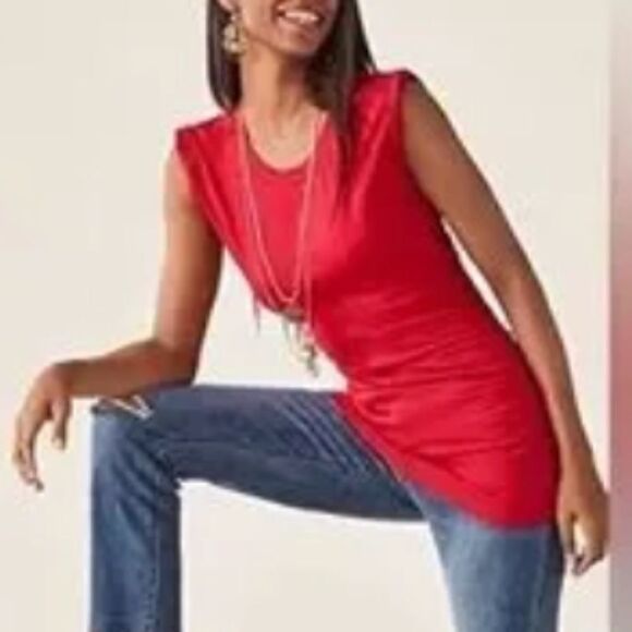 Cabi Red Whistle cap sleeve rutched side jersey knit tunic top size XS #5616 - Picture 1 of 4